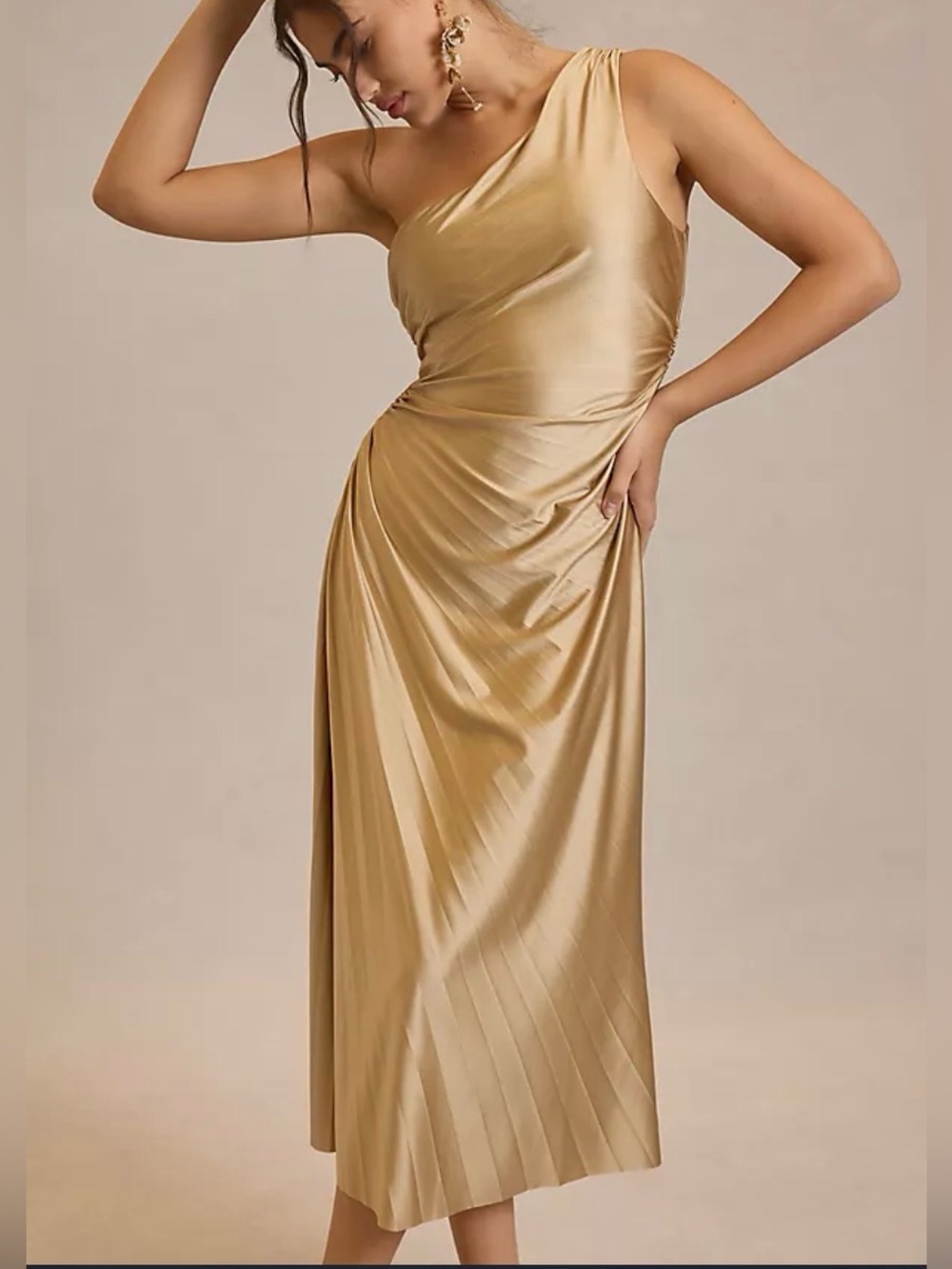 Anthropologie One-Shoulder Dress in Champagne Gold
